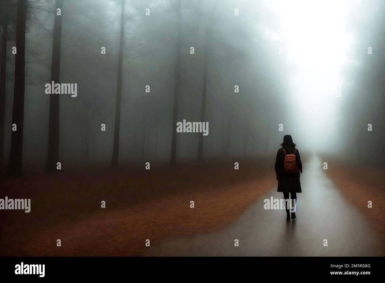 Woman with black clothes and a brown backpack is walking on a path in the fog between the rows of trees, rear view, made with generative AI Stock Photo