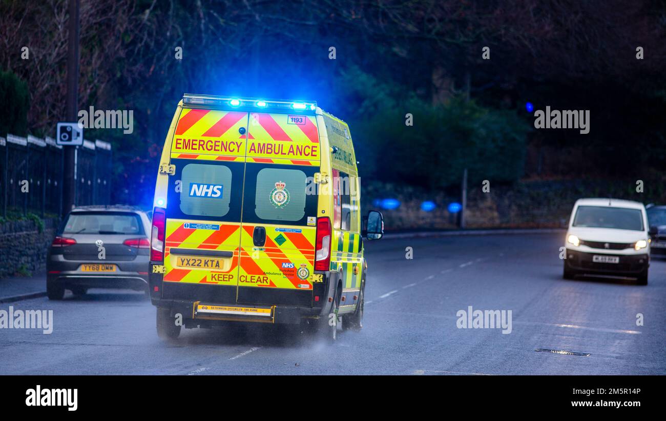 West Yorkshire, UK. 30th Dec, 2022. An emergency ambulance in Halifax