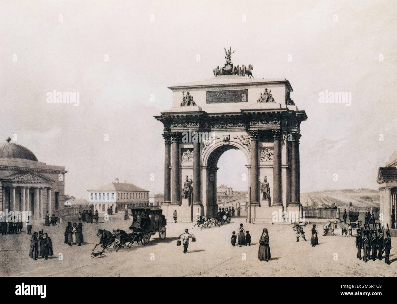 The Triumphal Gate On Tverskaya Zastava Square. Lithography By Felix Benoist French Painter And Lithographer. Some Of His Works Are In Pushkin Museum Stock Photo