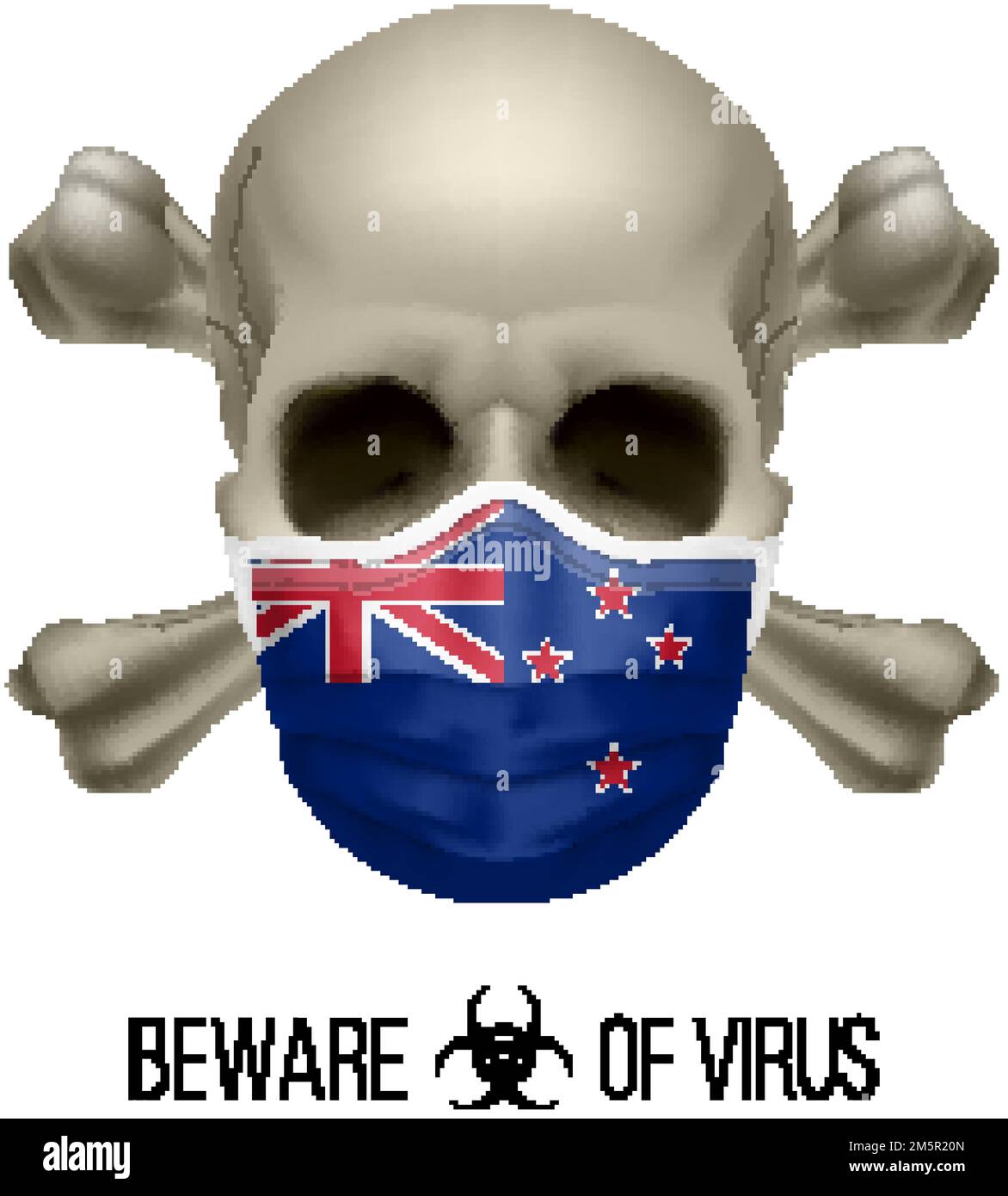 Human Skull with Crossbones and Surgical Mask in the Color of National Flag New Zealand. Mask in