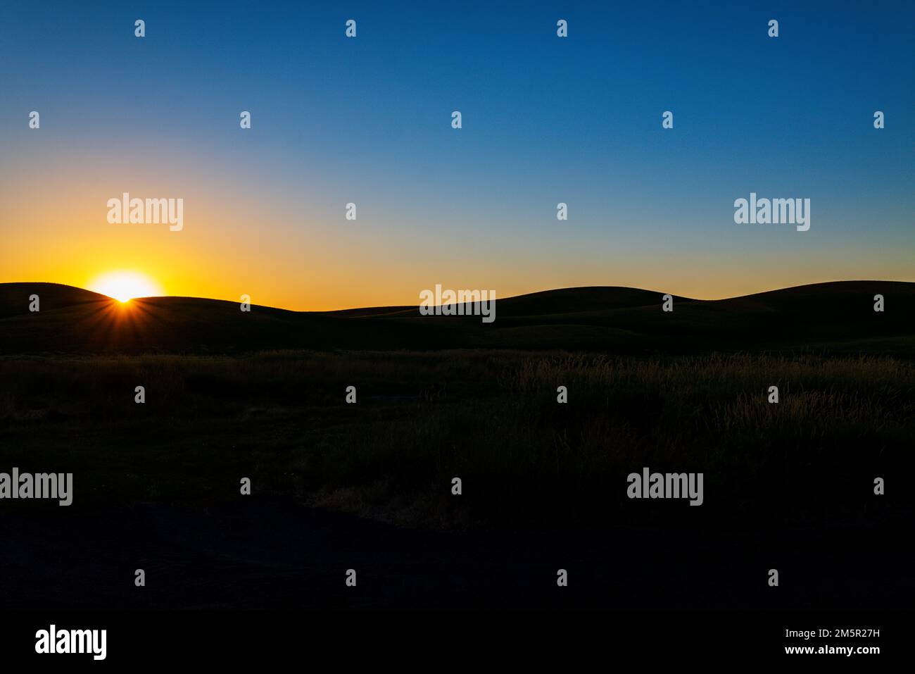 Beautiful sunset over rolling farm fields; Palouse region; Washington state; USA Stock Photo