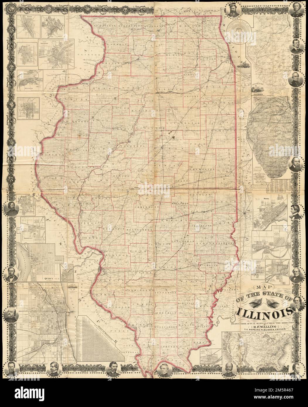 Map of the state of Illinois. Includes time dial, distance chart