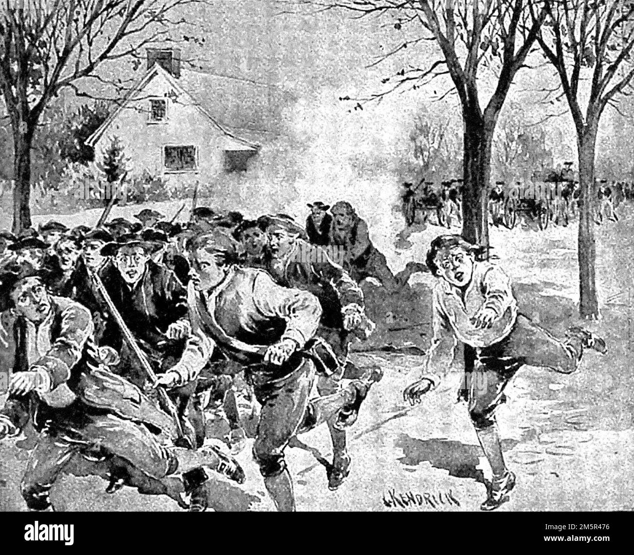 Shays' Rebellion. An early 20th century illustration of Daniel Shays' forces fleeing from Federal troops after an attempt to lay siege to the Springfield Arsenal in early 1787 Stock Photo