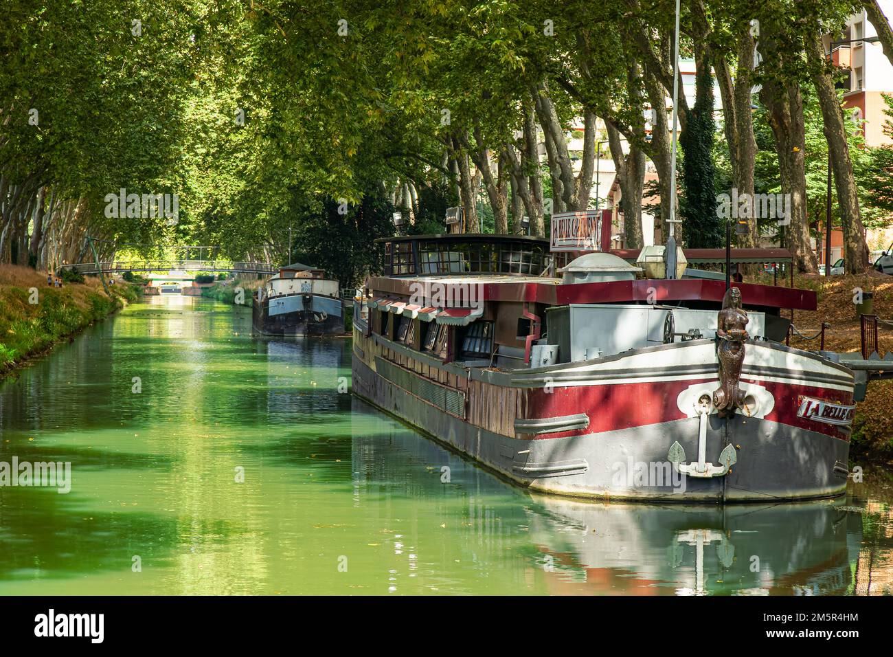 Tourism boat on the Canal du Midi, Southern France near Toulouse Stock Photo