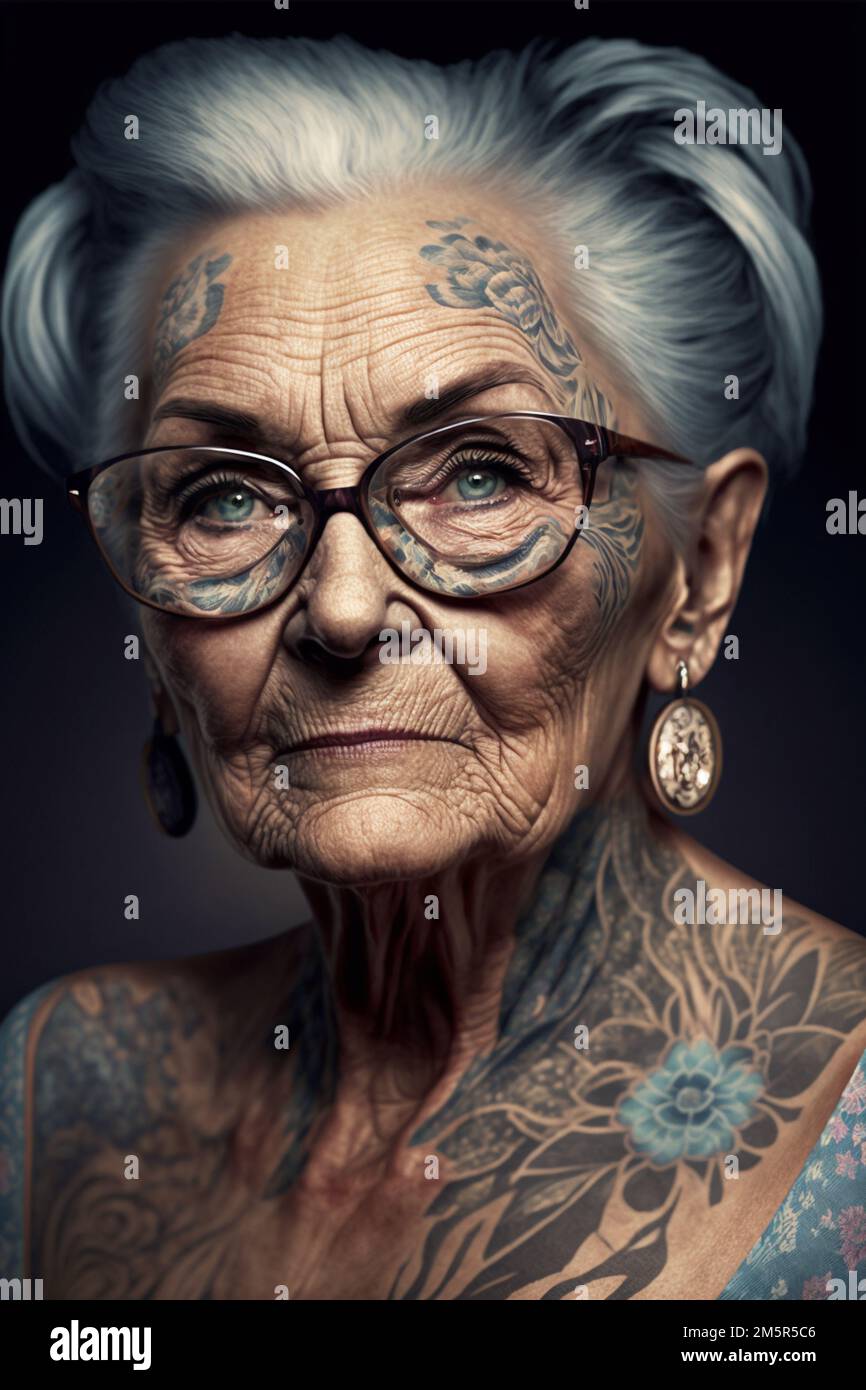 100 year old lady tattooed and looking cool Stock Photo Alamy