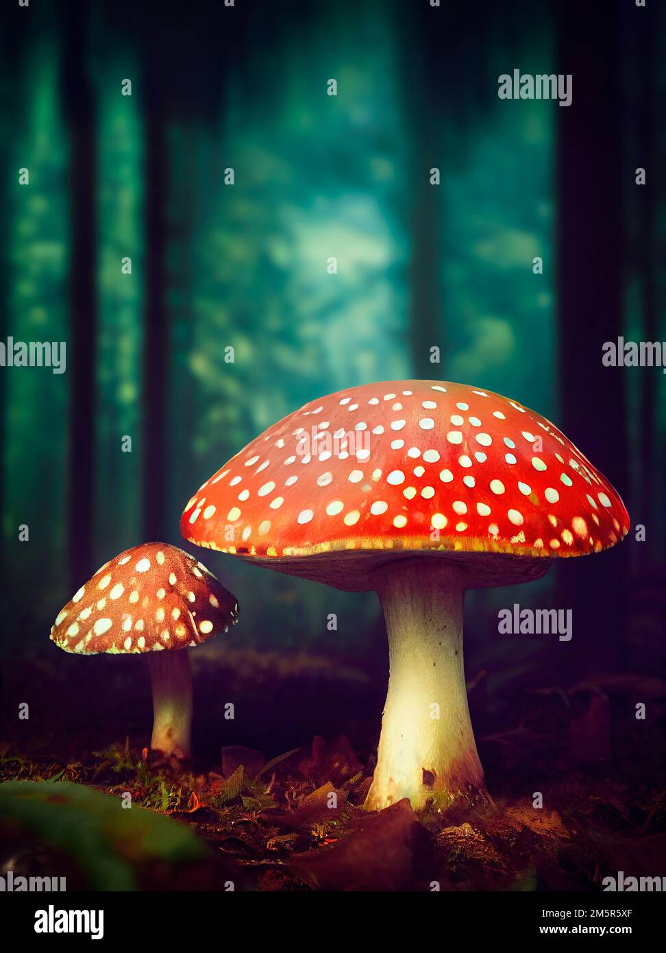 FLY AGARIC AMANITA MUSCARIA (Psychedelic / Psychoactive Mushrooms) Forest Setting Book Cover Concept. AI Generated Stock Photo