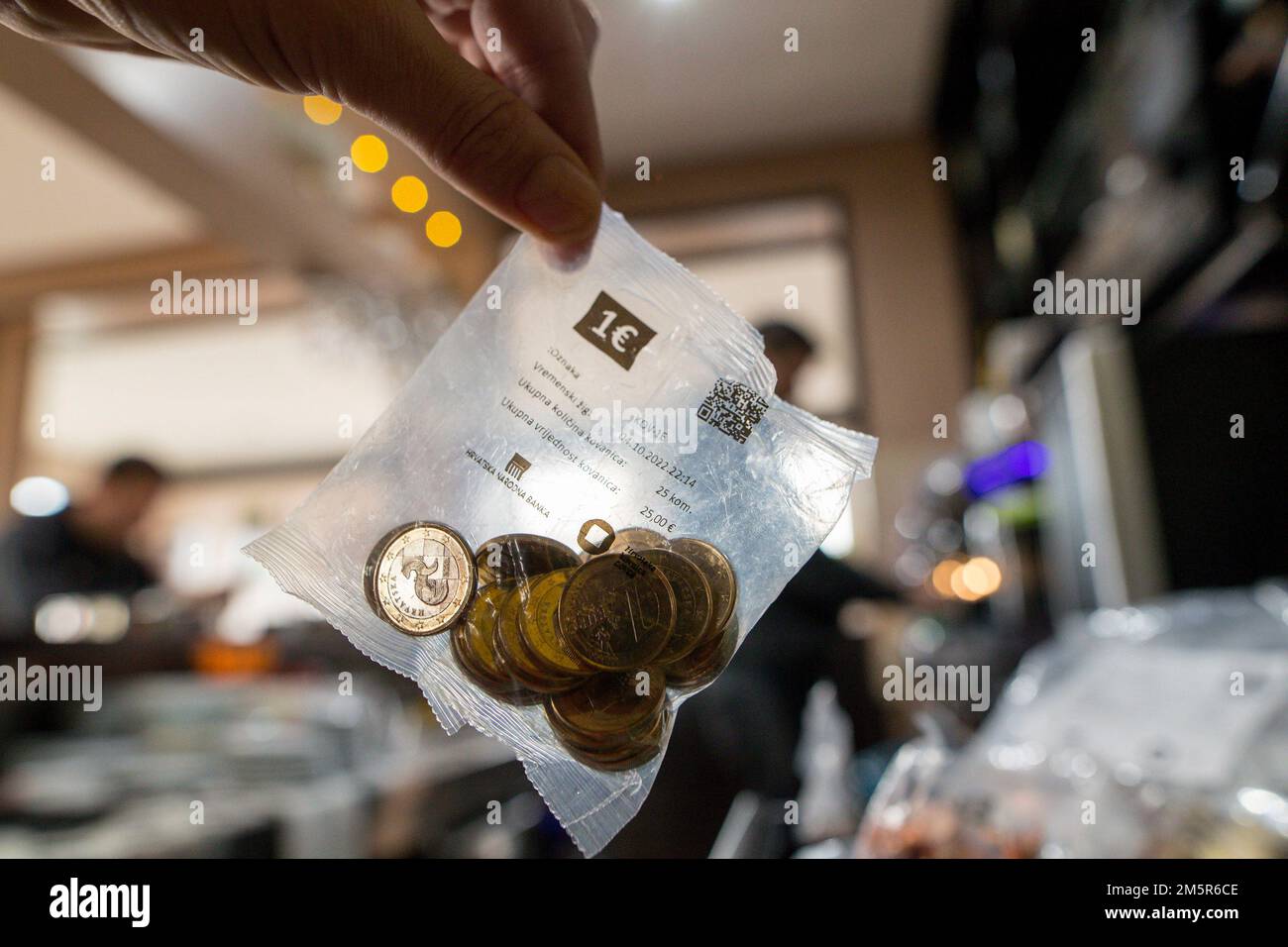 Zagreb, Croatia. 30th Dec, 2022. Euro coins seen in the cash register  of a coffee shop, in Zagreb, Croatiaa, on December 30, 2022.From 1 January 2023, the euro will become the official currency of the Republic of Croatia. Photo: Zeljko Lukunic/PIXSELL Credit: Pixsell/Alamy Live News Stock Photo