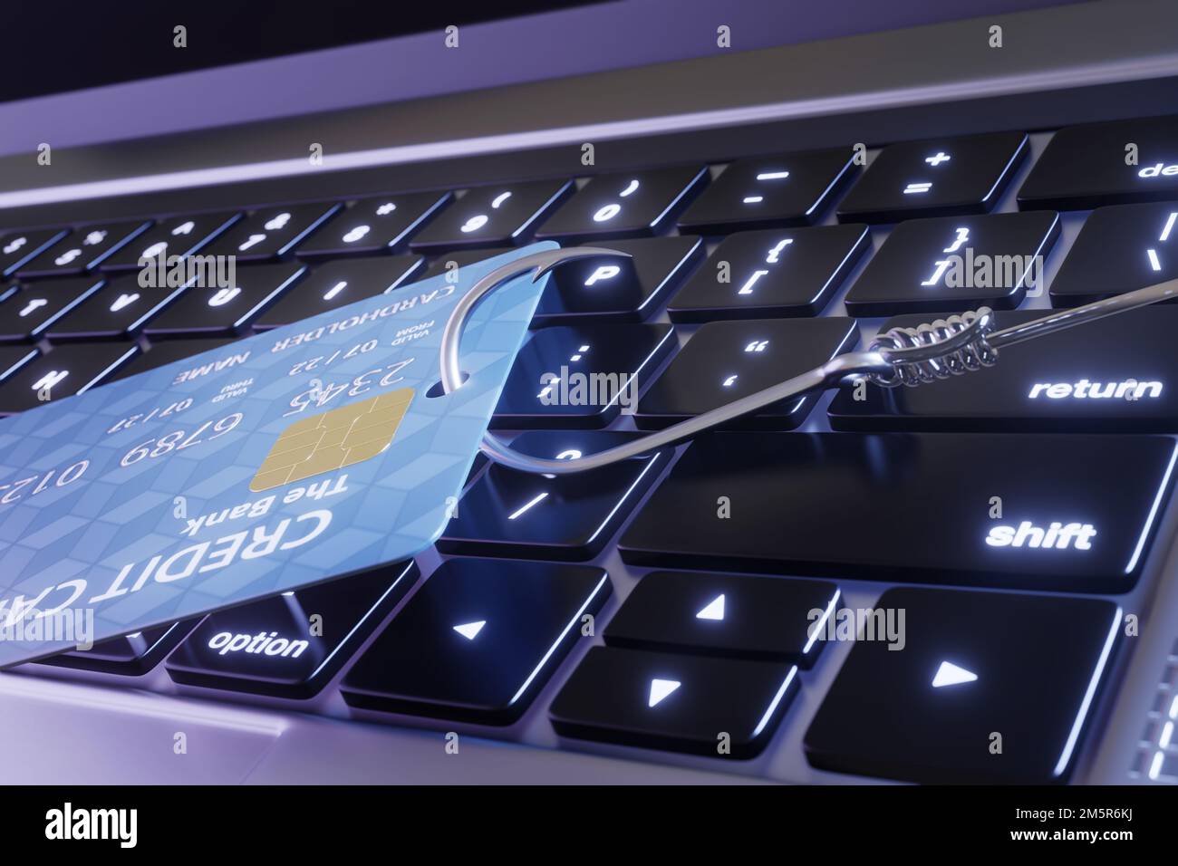 Credit card on a laptop is being stolen by a fish hook. Illustration of the concept of email and phone phishing and internet scams Stock Photo