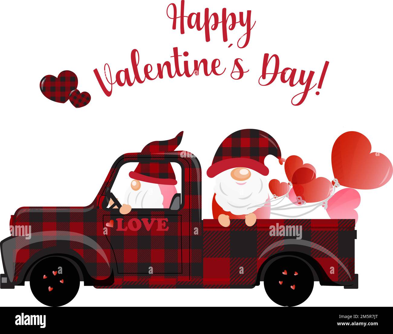 Buffalo plaid retro truck with cute gnomes, red and pink shaped hearts for Valentine´s Day. Special delivery for Valentine. Vector illustration, nice Stock Vector