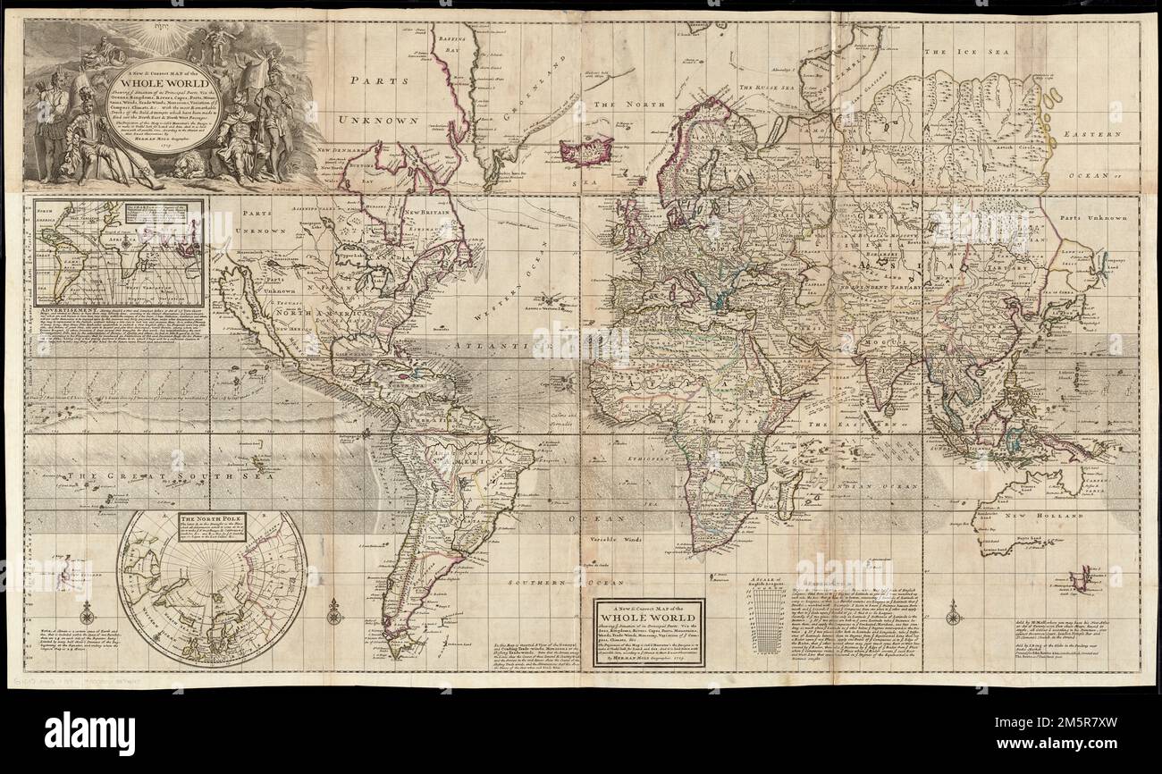 A new & correct map of the whole world : shewing ye situation of its principal parts. viz. the oceans, kingdoms, rivers, capes, ports, mountains, woods, trade-winds, monsoons, variation of ye compass, climate, &c. ; with the most remarkable tracks of the bold attempts which have been made to find out the northeast & northwest passages. World map showing trade winds, climate zones, magnetic variation, and exploration routes. Title from illustrated cartouche; alternate title in box at lower center. Relief shown pictorially. Includes notes. Insets: [World map] : this chart is to shew degrees of t Stock Photo