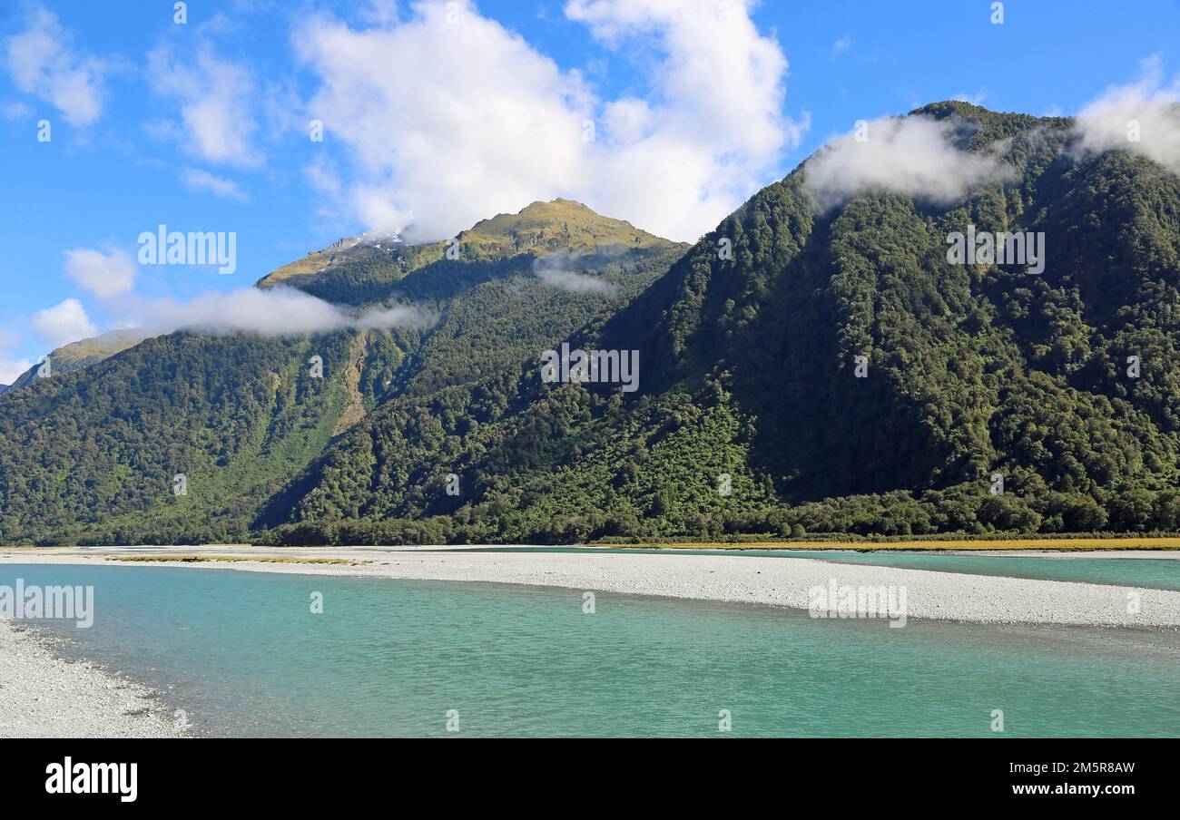 Haast River and mountains - New Zealand Stock Photo