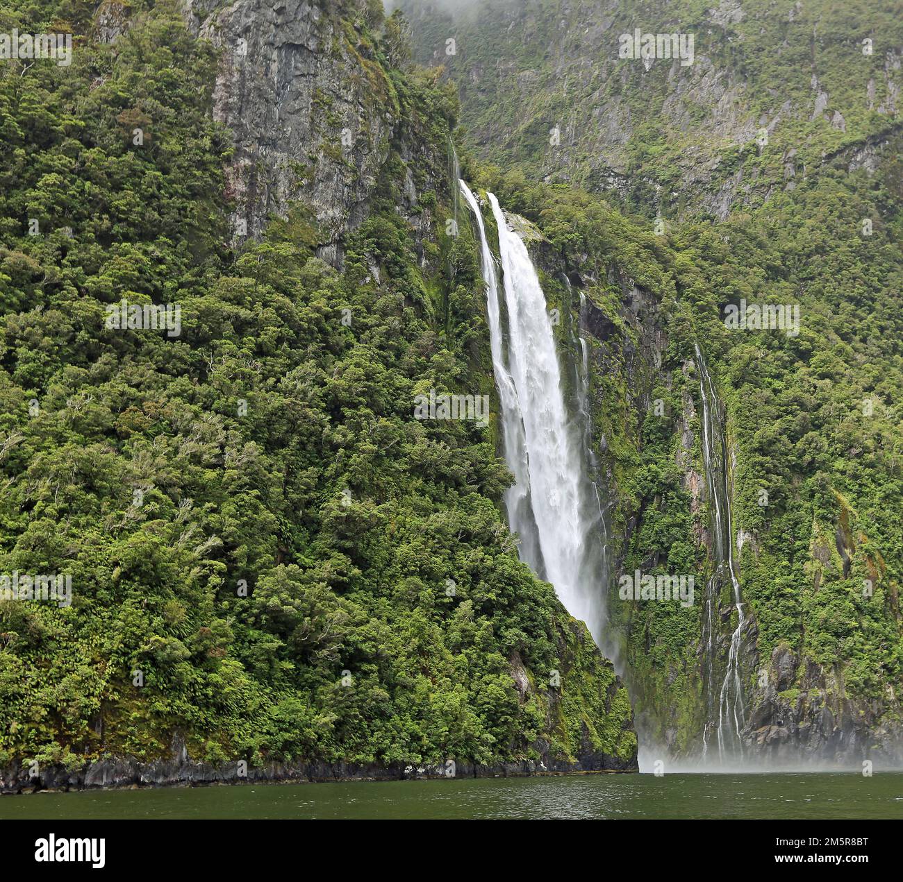 Square with Stirling Falls - Fiordland National Park, New Zealand Stock Photo