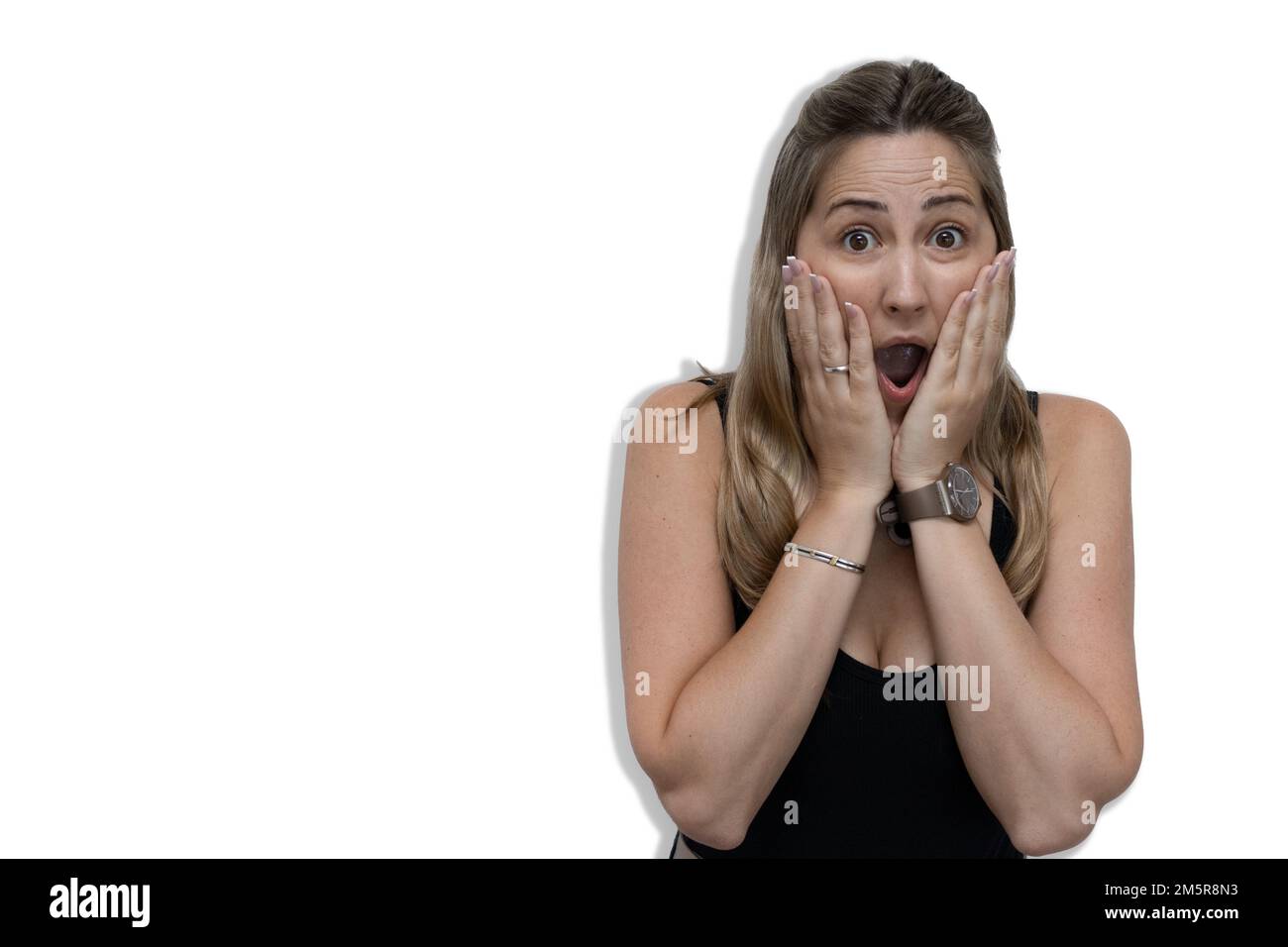 Emotions. Young caucasian girl 25-35 surprised or scared Stock Photo