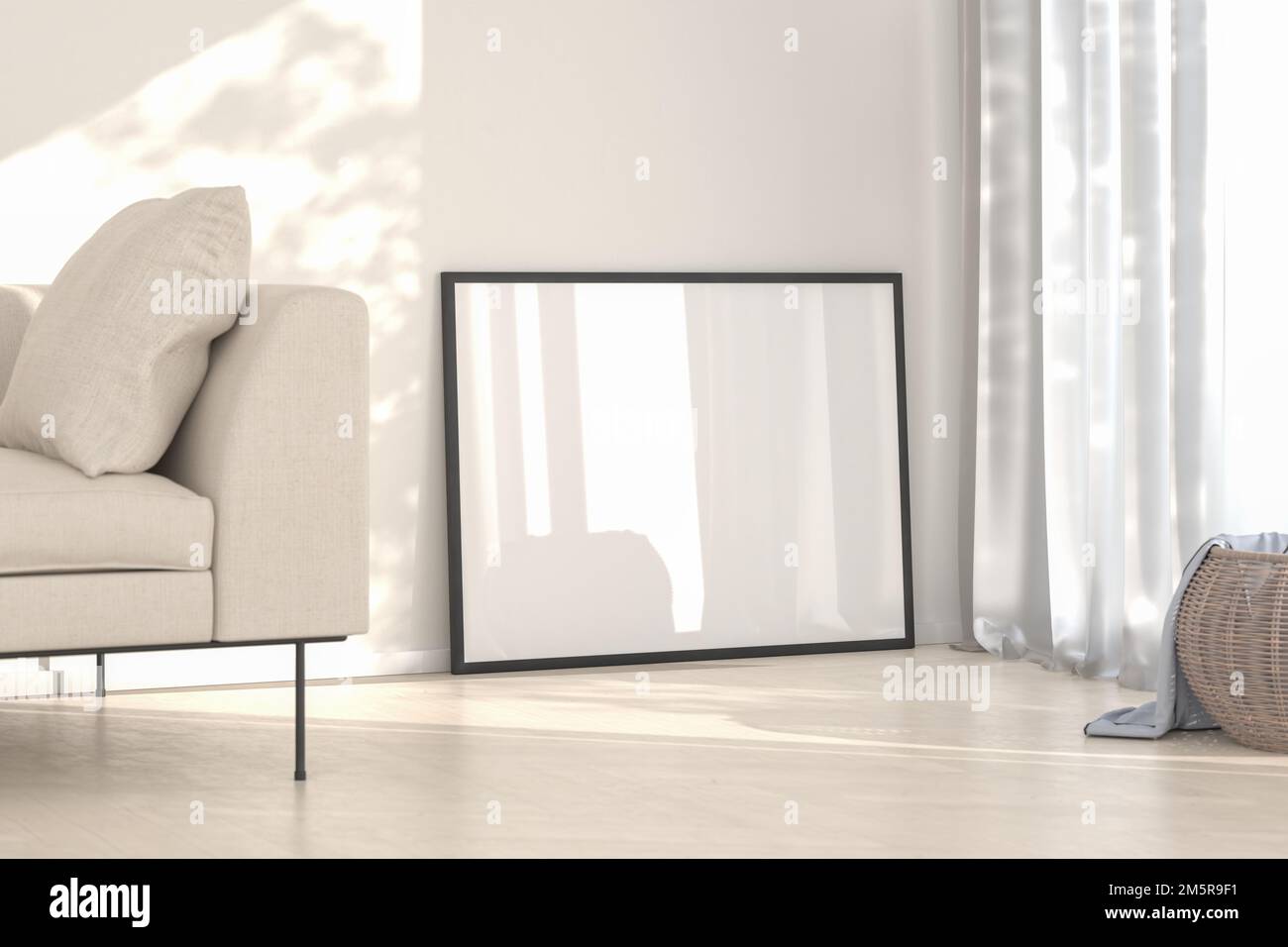 Interior mockup - Living room with sofa and wicker basket. One blank picture frame leaning to the wall. Stock Photo