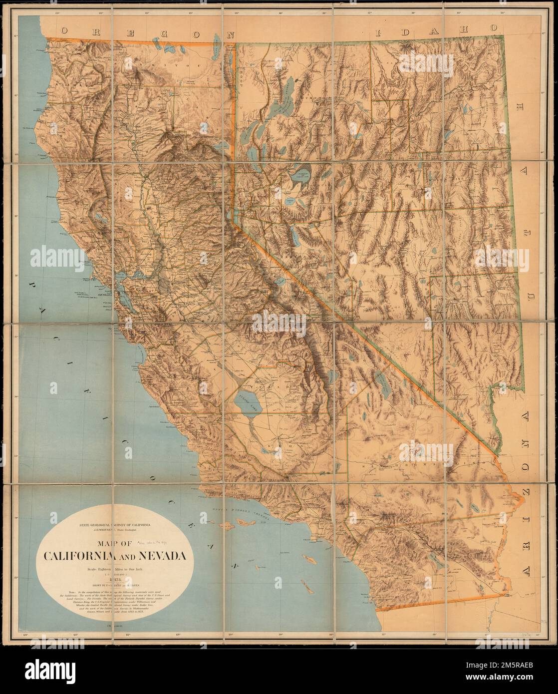 Map of California and Nevada. Shows state and county boundaries, roads