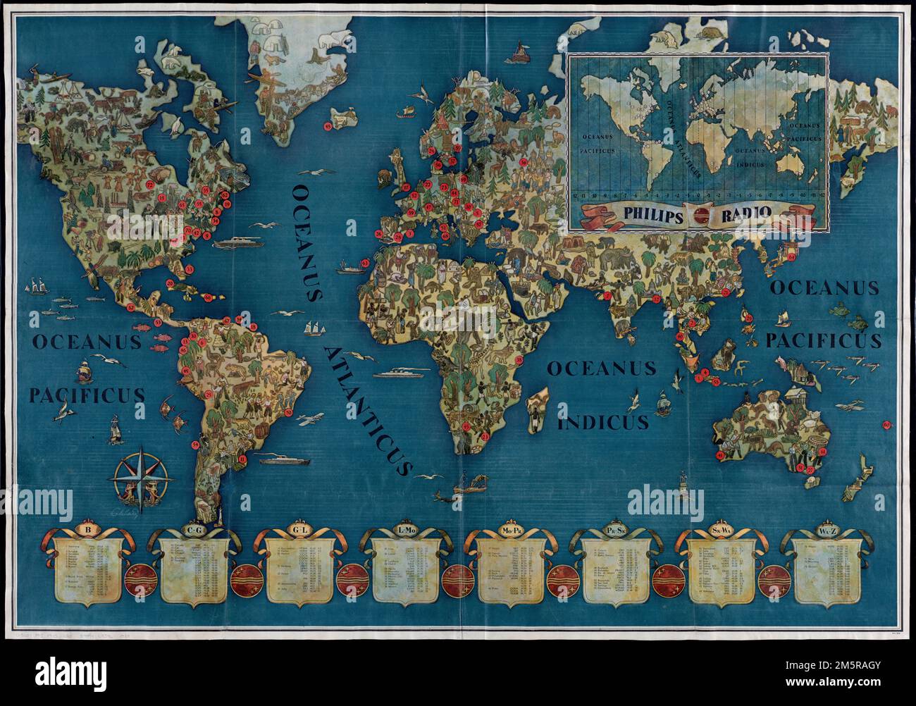 Philips Radio. Pictorial map. Shows international shortwave radio stations. Includes illustrations, index to radio stations, and inset showing radio stations and time zones.... , World Stock Photo