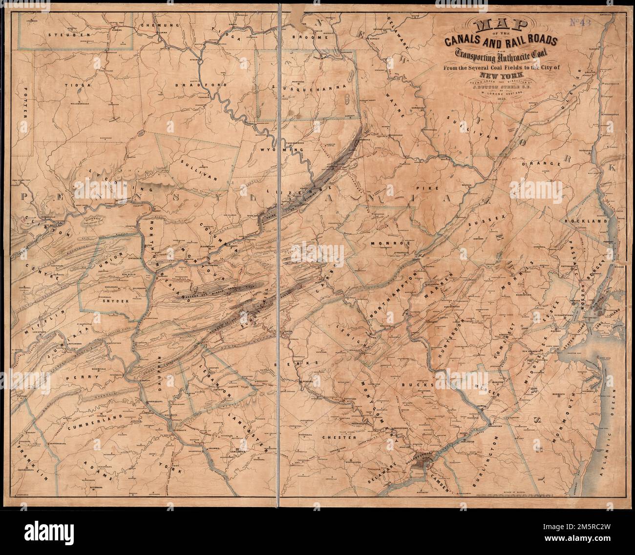 Map of the canals and rail roads for transporting anthracite coal from the several coal fields to the city of New York. Relief shown by hachures. Shows eastern Pennsylvania and parts of New York and Delaware.... , Pennsylvania New York New Jersey Stock Photo