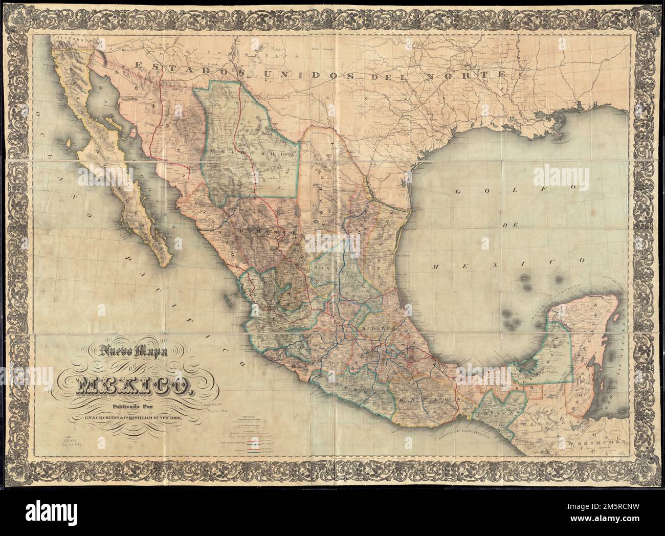Nuevo mapa de Mexico. Shows roads, railroads, settlements, state boundaries, drainage, etc. Relief shown by hachures. Depths shown by isolines. Prime meridian: Mexico.... , Mexico Stock Photo