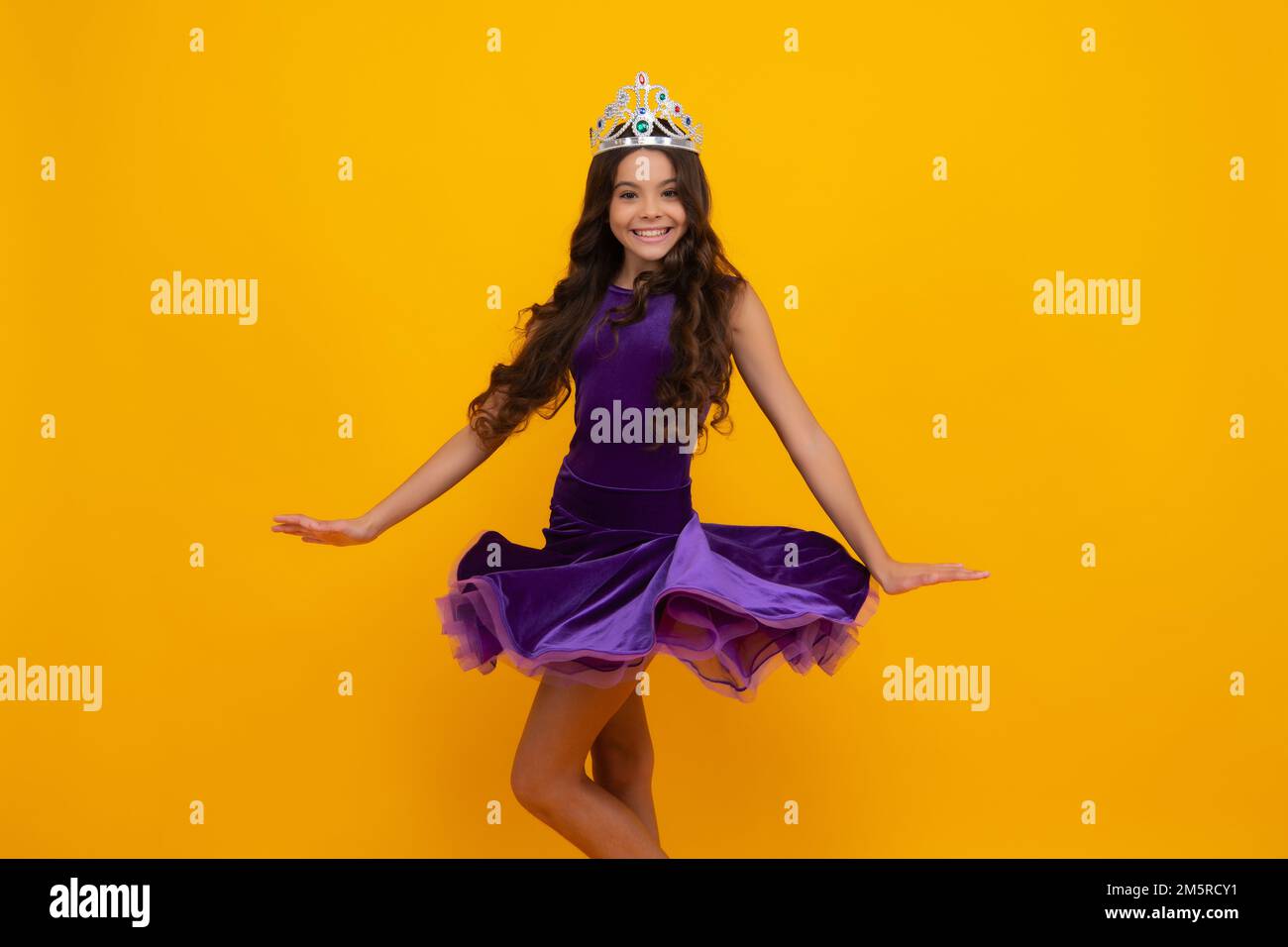 Movement windy dress. Teenager princess child celebrates success win