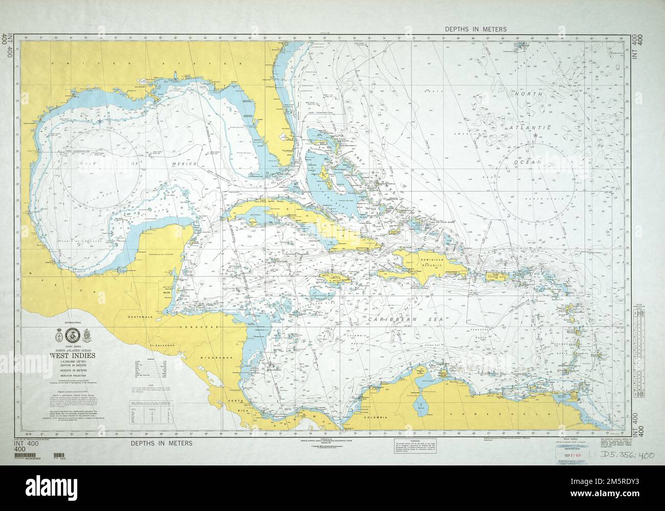 Atlantic Ocean Map Depth Chart - North Atlantic Ocean West Indies Depths Shown By Soundings And Isolines Relief Shown By Spot Heights Copyright 1993 By The United States Government Depths In Meters Featured In The Faces Places Exhibit Kravis Center Palm Beach Fl Since 2005 Using The Latest Advances In Modern Technology For Gathering Depth Soundings And Generating Automated Cartography This Chart Was Prepared Primarily For Navigational Purposes Testifying To Sailors Continual Quest For Obtaining The Most Reliable Information Since The 16th Century For Navigating The Treacherous Waters Of The Caribbean It 2M5RDY3