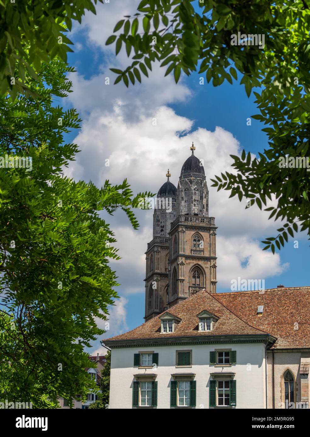 Two bell towers of Grossmunster reformed church in Zurich, Switzerland Stock Photo