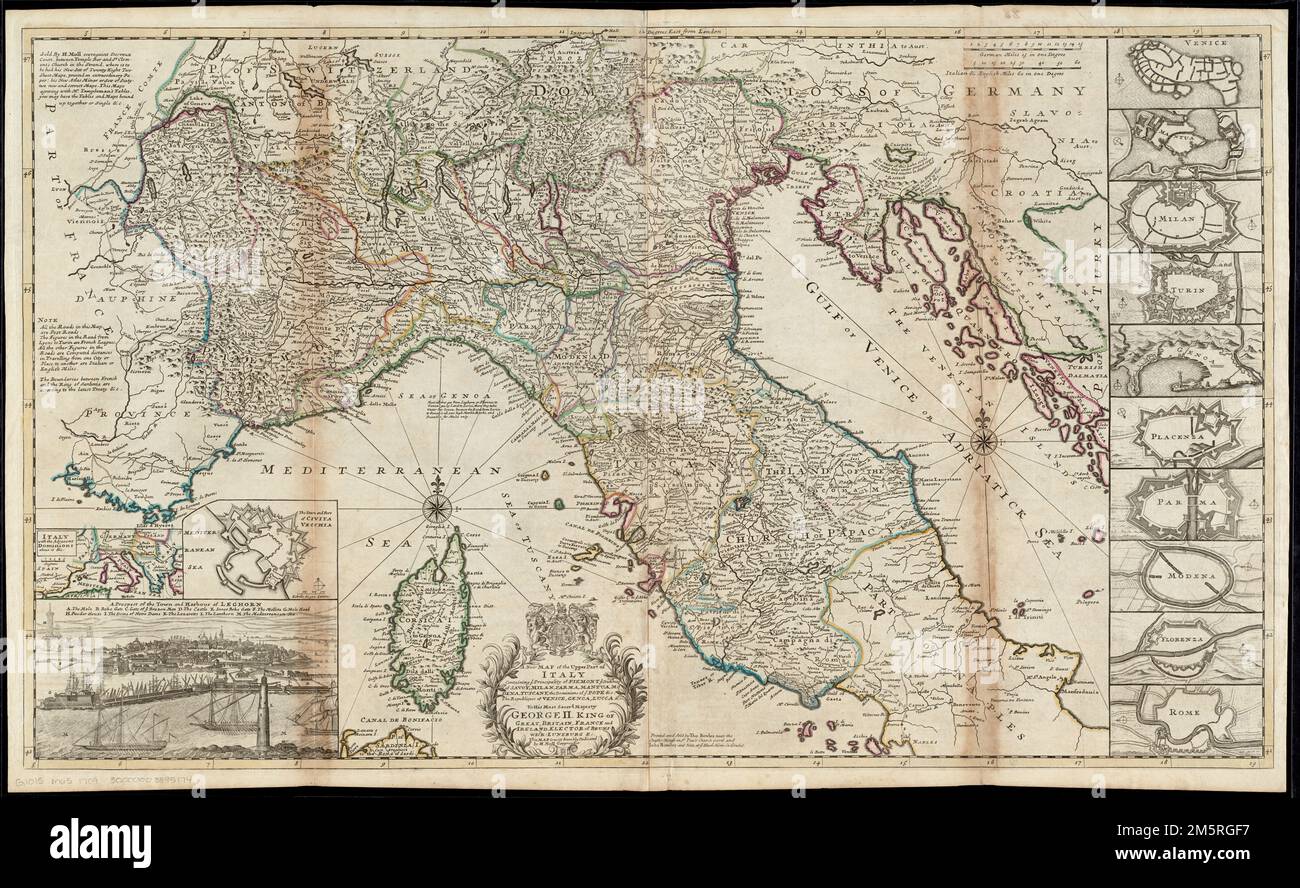 A new map of the upper part of Italy containing ye principality of Piemont ye Dutchies of Savoy, Milan, Parma, Mantua, Modena, Tuscany, the dominions of ye Pope &c. the republiques of Venice, Genoe, Lucca &c : to His Most Sacred Majesty George II. King of Great Britain, France and Ireland, Elector of Brunswick-Luneburg &c. this Map is most humbly dedicated. Relief shown pictorially. Insets: Venice -- Mantua -- Milan -- Turin -- Genoa -- Placenza -- Parma -- Modena -- Florenza -- Rome -- The town and port of Civita Vecchia -- Italy and the adjacent dominions about it &c. Includes notes and 'A p Stock Photo