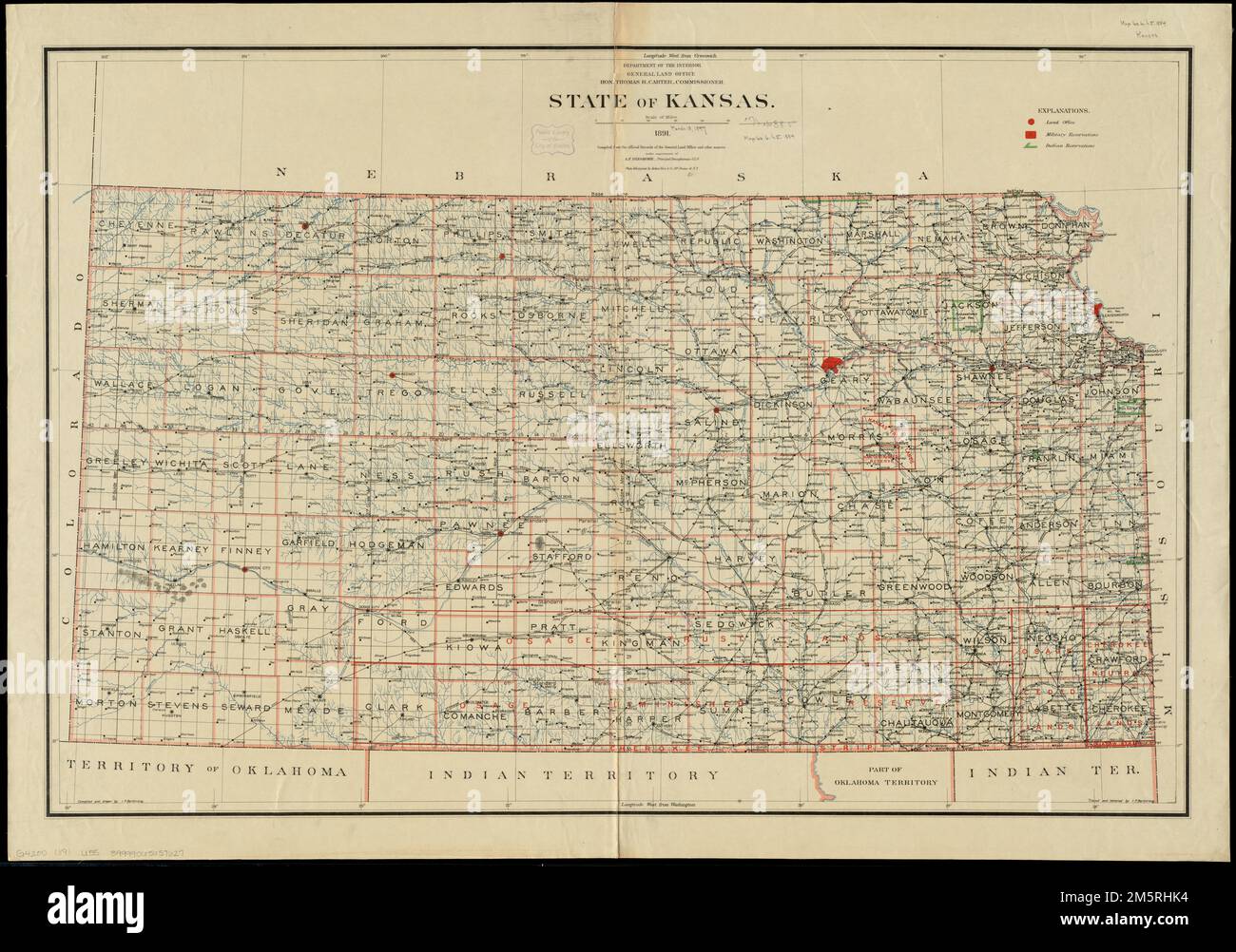 State of Kansas. Prime meridians Washington and Greenwich. Shows Land