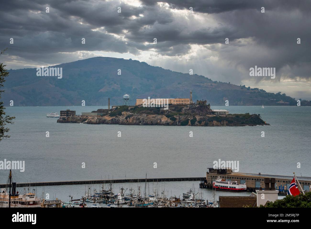 Aerial view of Alcatraz Island amidst San Francisco Bay Stock Photo