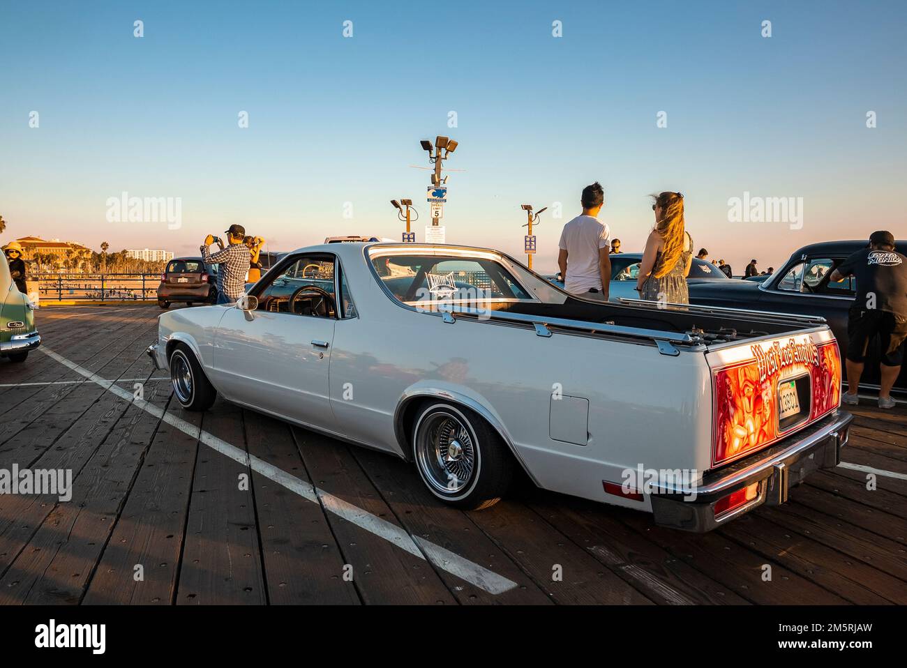 White vintage car displayed during classic car show at Santa Monica pier Stock Photo
