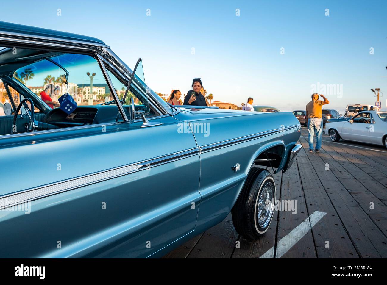 Vintage blue car model displayed during classic car show at Santa Monica pier Stock Photo