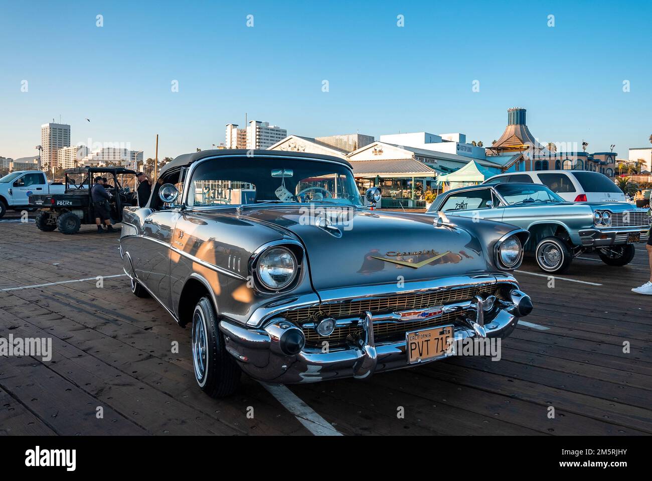 Classic blue car model displayed during retro vehicle show at Santa Monica pier Stock Photo