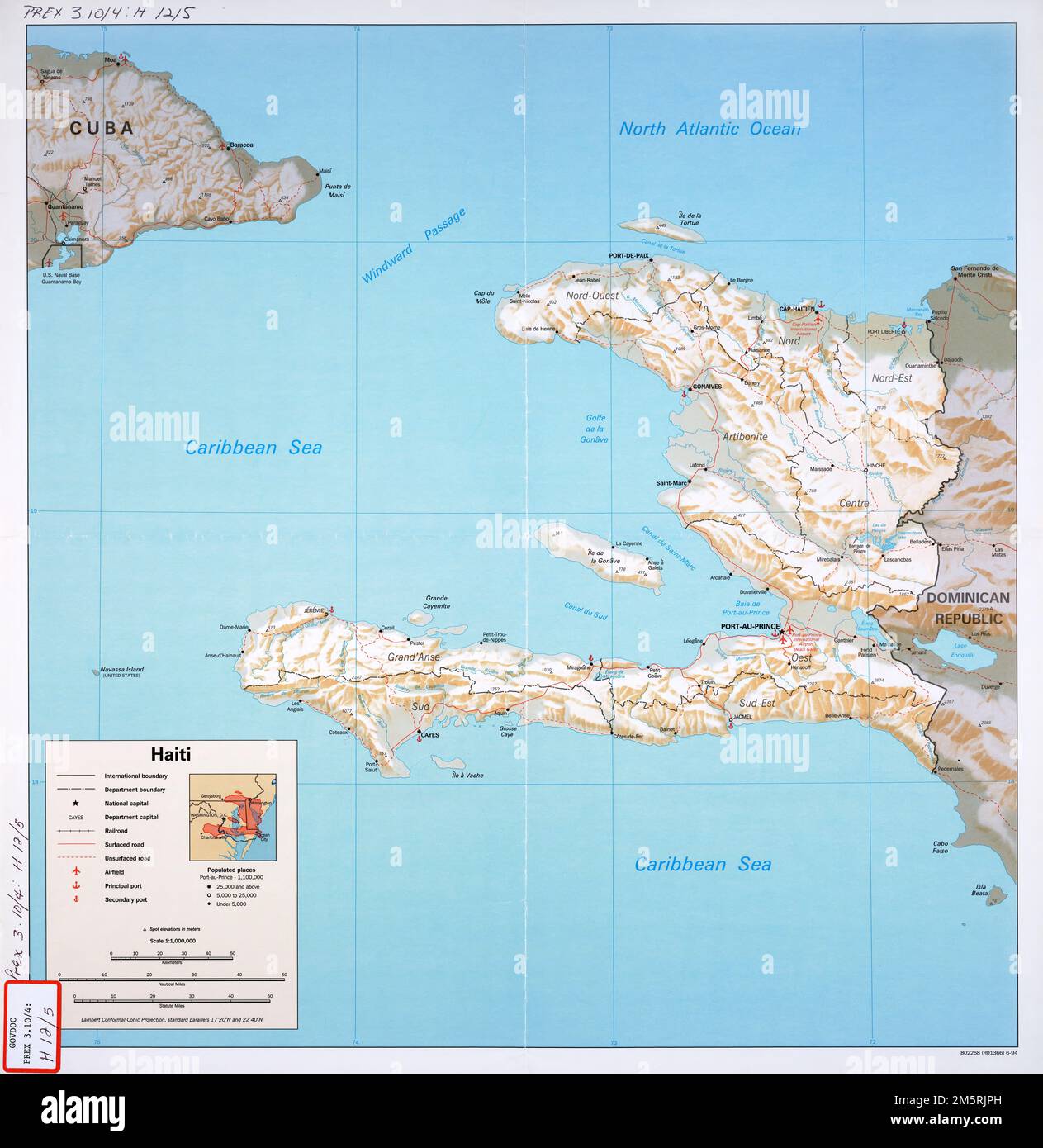 Haiti. Relief shown by shading and spot heights. Includes comparative 