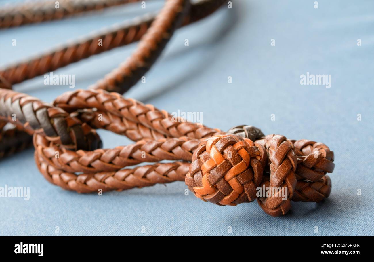 Two colored leather button knot on hand braided leather reins Stock Photo