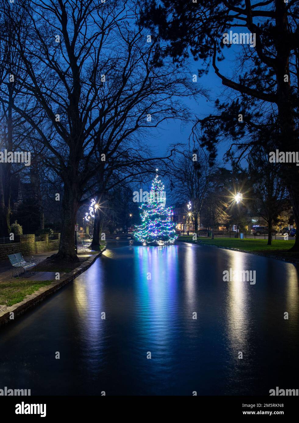 The colorful decorated Christmas tree in the river at BourtonontheWater in The Cotswolds