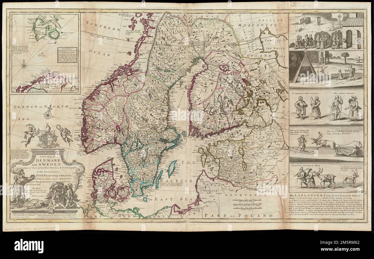 A New Map Of Denmark And Sweden According To Ye Newest And Most Exact A New Map Of Denmark And Sweden According To Ye Newest And Most Exact Observations Relief Shown Pictorially Prime Meridians London And Ferro Island Dedication To His Excellency John Lord Bishop Of Bristol Ld Privy Seal And Her Majestys First Plenipotentiary At The Treaty Of Utrecht This Map Is Humbly Dedicated By Your Excellencys Most Humble Servant H Moll Geographer Inset The North Part Of Norway Lapland And Greenland Includes Notes And 5 Vignettes Pertaining To Laplanders Appears In Molls The World Described 1709 1736 Plate 14 Baltic Countries Area Scandinavia 2M5RM62