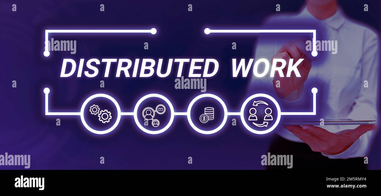 Conceptual caption Distributed Work. Business idea practiced by ...