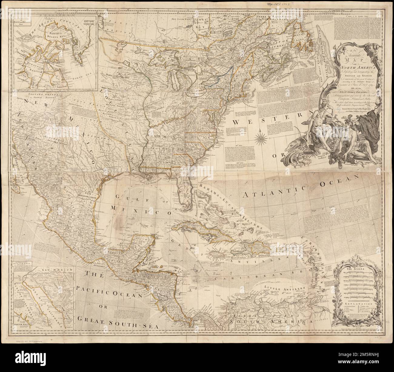 An accurate map of North America : describing and distinguishing the British and Spanish dominions of this great continent; according to the definitive treaty concluded at Paris 10th Feby. 1763 : also all the West India Islands belonging to and possessed by the several European princes and states. Prime meridians: London and Ferro. Relief shown pictorially. Appears in Thomas Jefferys' American atlas. 1775. No. 5, 6. Includes historical notes, excerpts from the treaty of 1763, and insets of 'A particular map of Baffin and Hudson's Bay,' and 'The passage by land to California.' Cataloging, conse Stock Photo