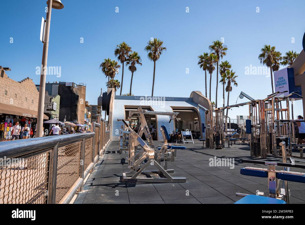 Exercise equipment in open gym at Muscle beach during summer Stock Photo