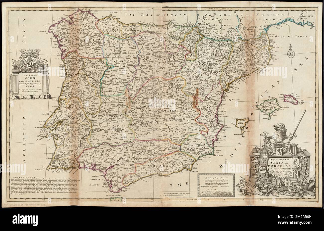 A new and exact map of Spain amp - A New And Exact Map Of Spain Portugal Divided Into Its Kingdoms And Principalities C With Ye Principal Roads And Considerable Improvements Without Molls Imprint Possibly Issued After His Death Relief Shown Pictorially Prime Meridians London And Ferro Dedication To His Grace John Duke Of Argile C General Of Her Majestys Forces In Spain This Map Is Most Humbly Dedicated By Herman Moll Geographer Indicates Places Where Battles C Have Been Fought By The English Mentioned In History Includes Advertisement Appears In Molls The World Described 1709 1736 Plate 26 Iberi 2M5RR0H