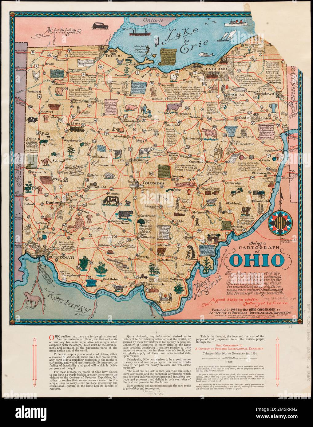 Being a cartograph of Ohio : the oldest state west of the thirteen original colonies; now the fourth state in the Union in population; third in manufacture; sixth in minerals mined; and among the foremost in agriculture. Conservation of this piece was funded by Paul and Maxine LeBlanc in honor of Michelle LeBlanc. Relief shown by shading. Includes text and illustrations. Includes text below map.... , Ohio Stock Photo
