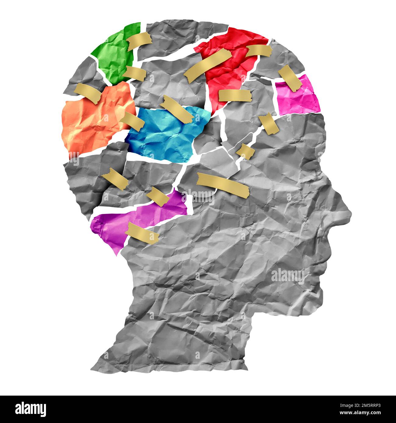 Mental Health Treatment Brain disease therapy and mental health treatment concept as a sheet of torn crumpled white paper taped together Stock Photo