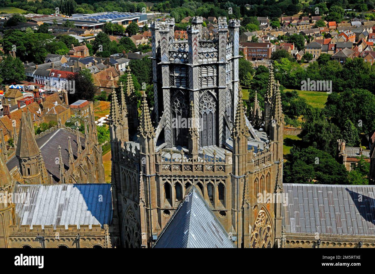 Ely Cathedral, Octagon, Lantern tower, and City from West Tower, Cambridgeshire, England, UK Stock Photo