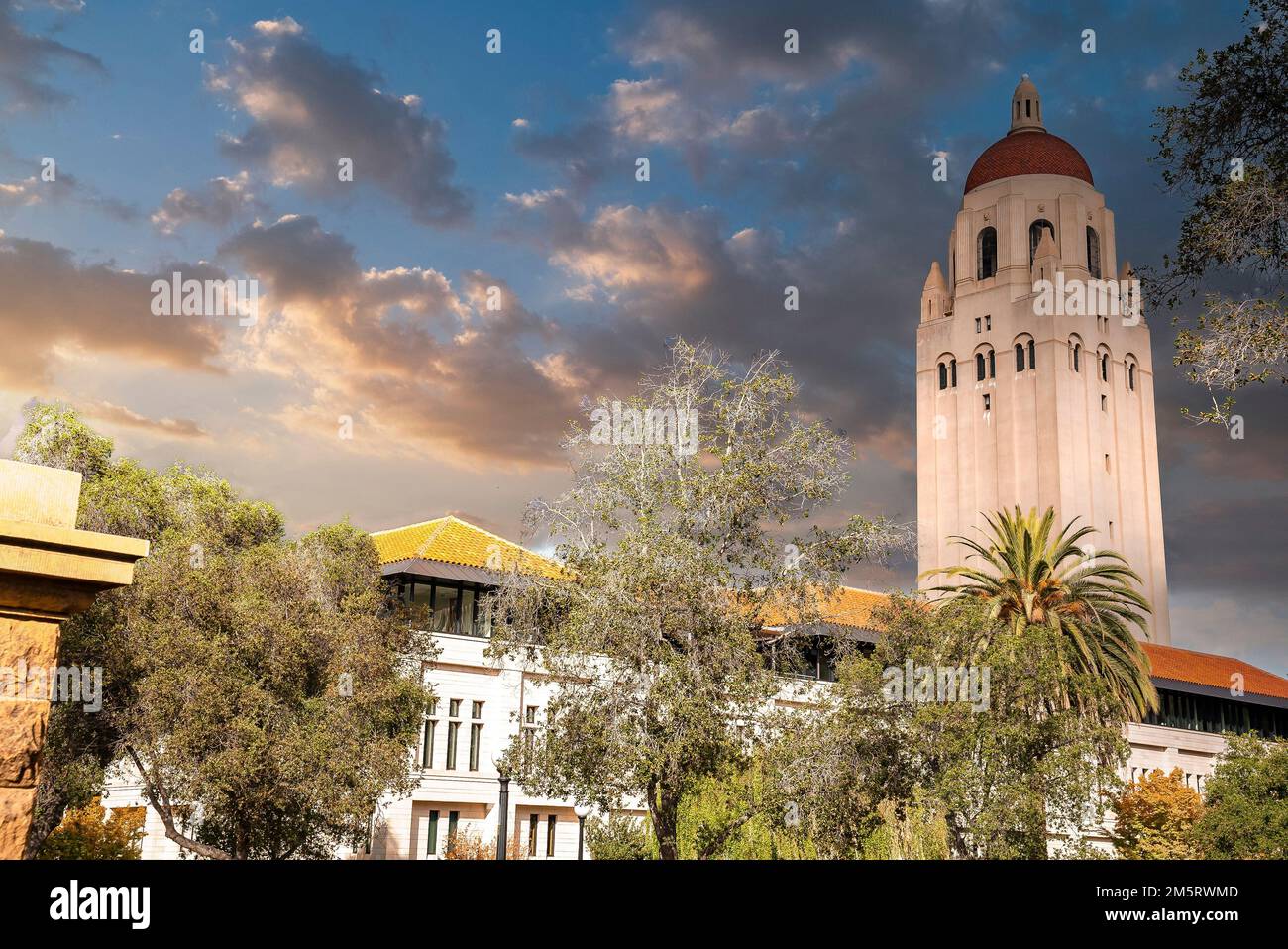 Low angle view of Hoover Tower at Stanford University campus Stock Photo