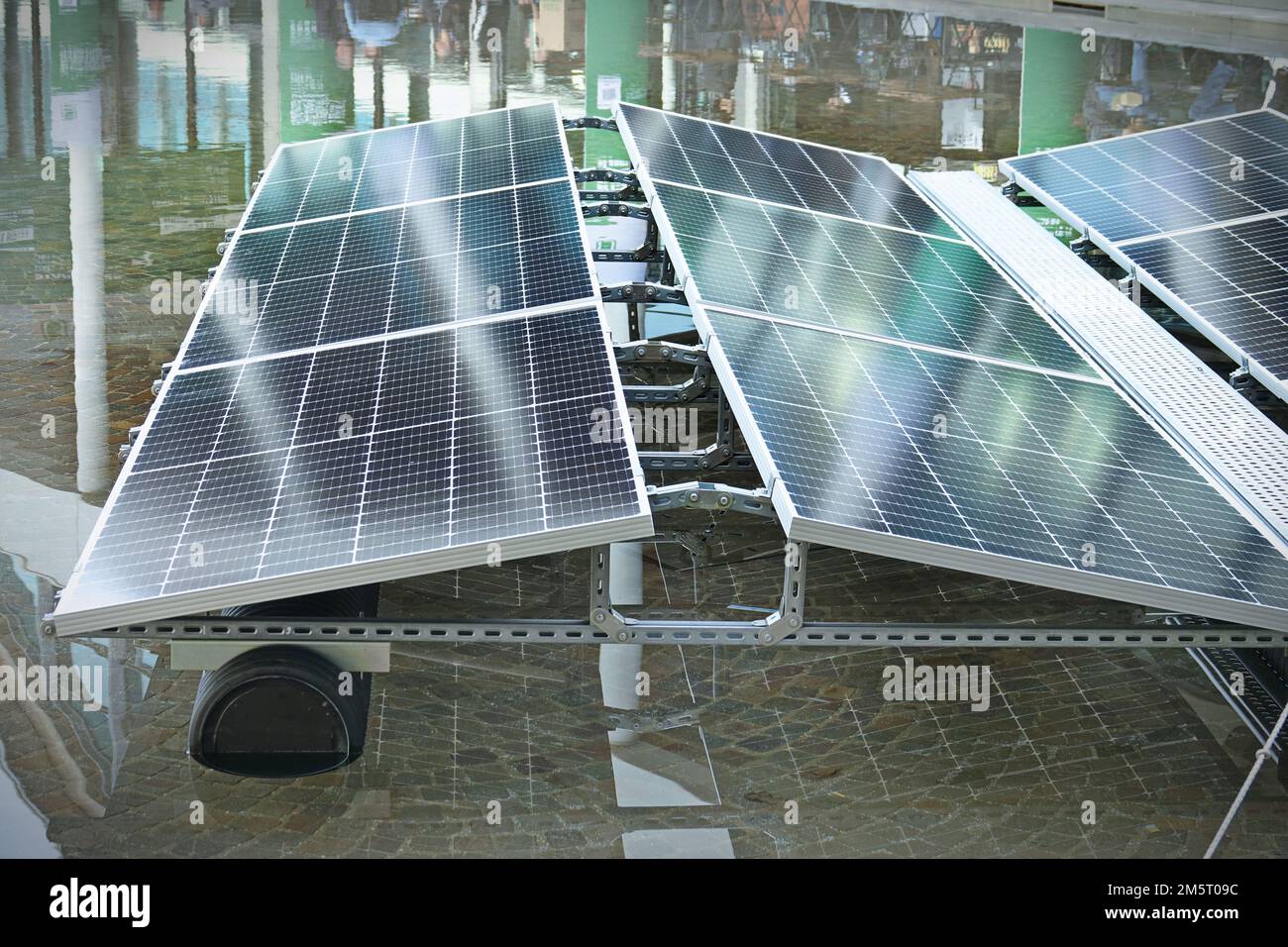 Floating frame module for photovoltaic system floating on water. Rimini, Italy - November 2022 Stock Photo