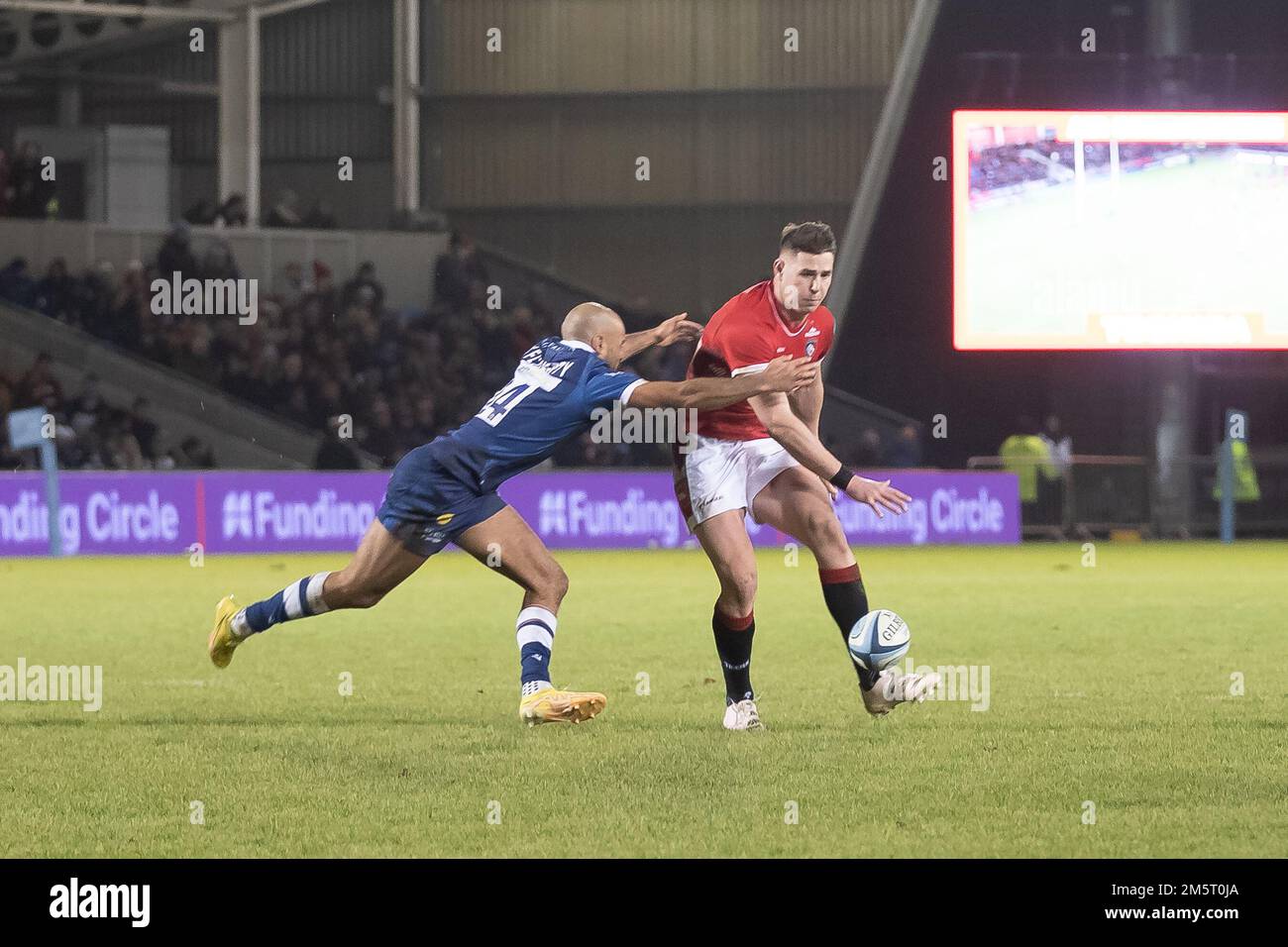 Manchester, UK. 30th Dec, 2022. Freddie Steward of Leicester puts a kick in *** during the Gallagher Premiership Rugby match between Sale Sharks and Leicester Tigers at the AJ Bell Stadium, Manchester on 30 December 2022. Photo by Simon Hall. Editorial use only, license required for commercial use. No use in betting, games or a single club/league/player publications. Credit: UK Sports Pics Ltd/Alamy Live News Credit: UK Sports Pics Ltd/Alamy Live News Stock Photo