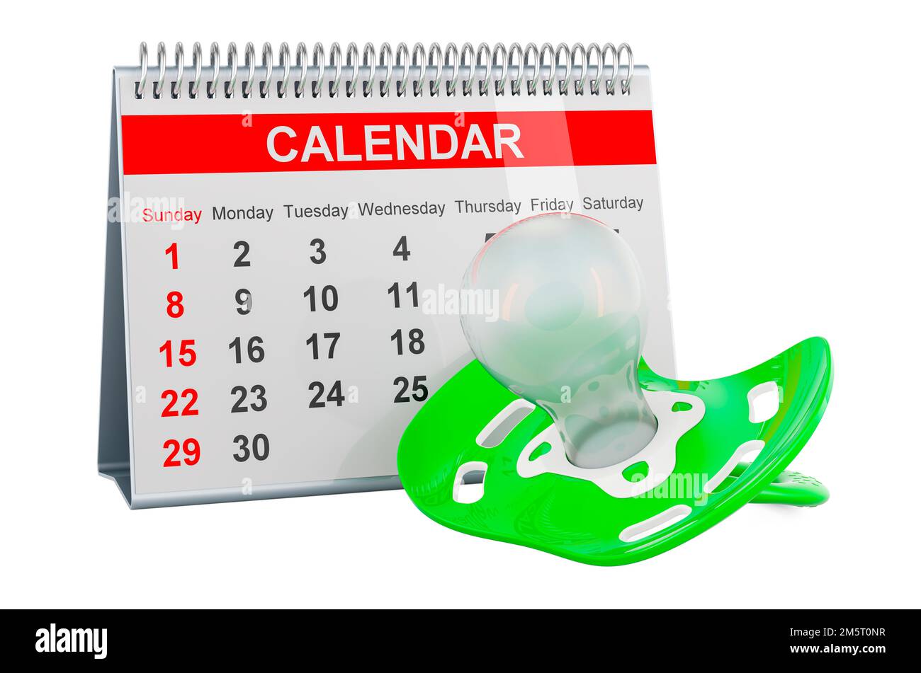 Baby pacifier with desk calendar, 3D rendering isolated on white ...