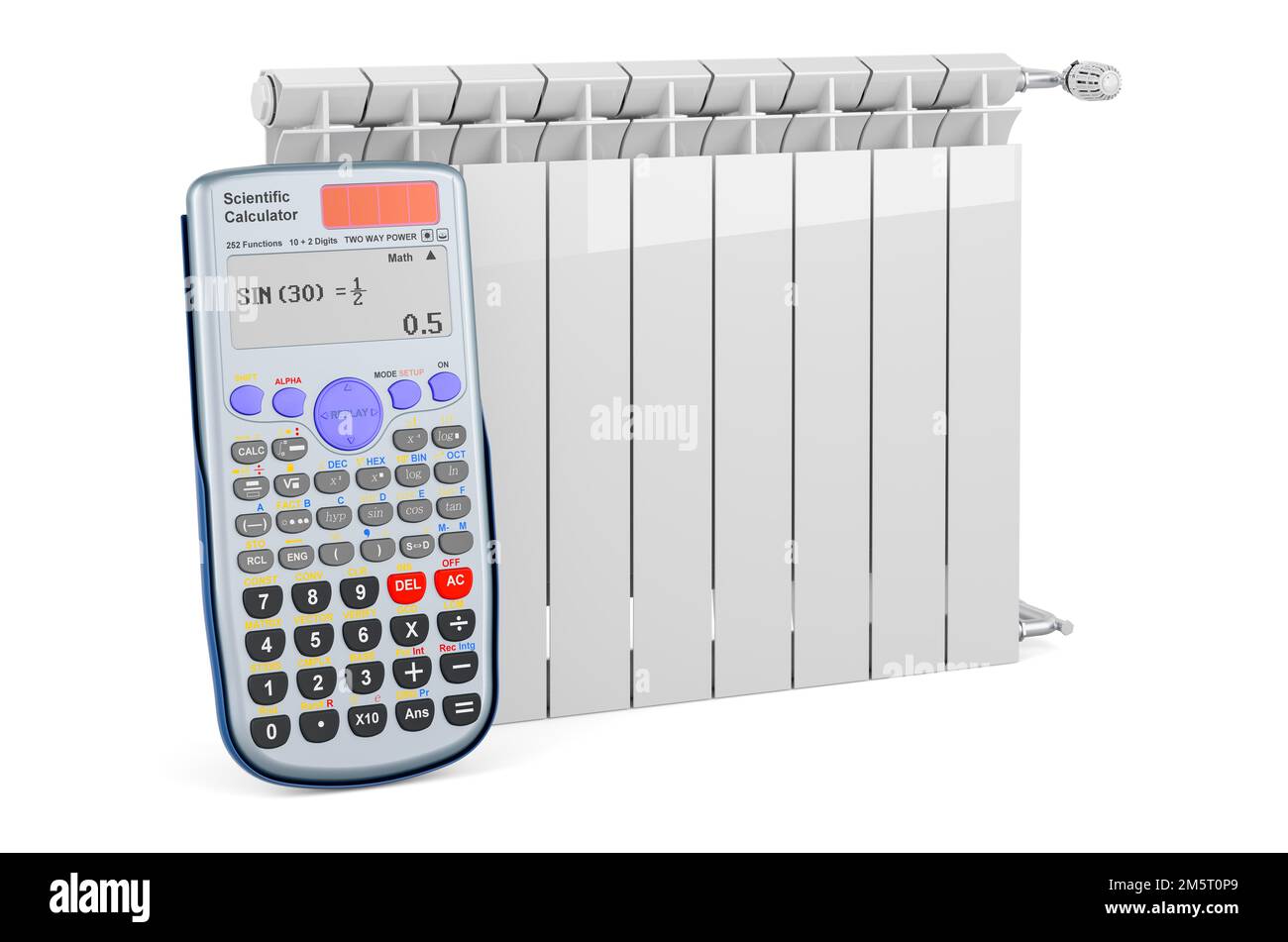 Calculator with heating radiator. Saving energy consumption concept. 3D