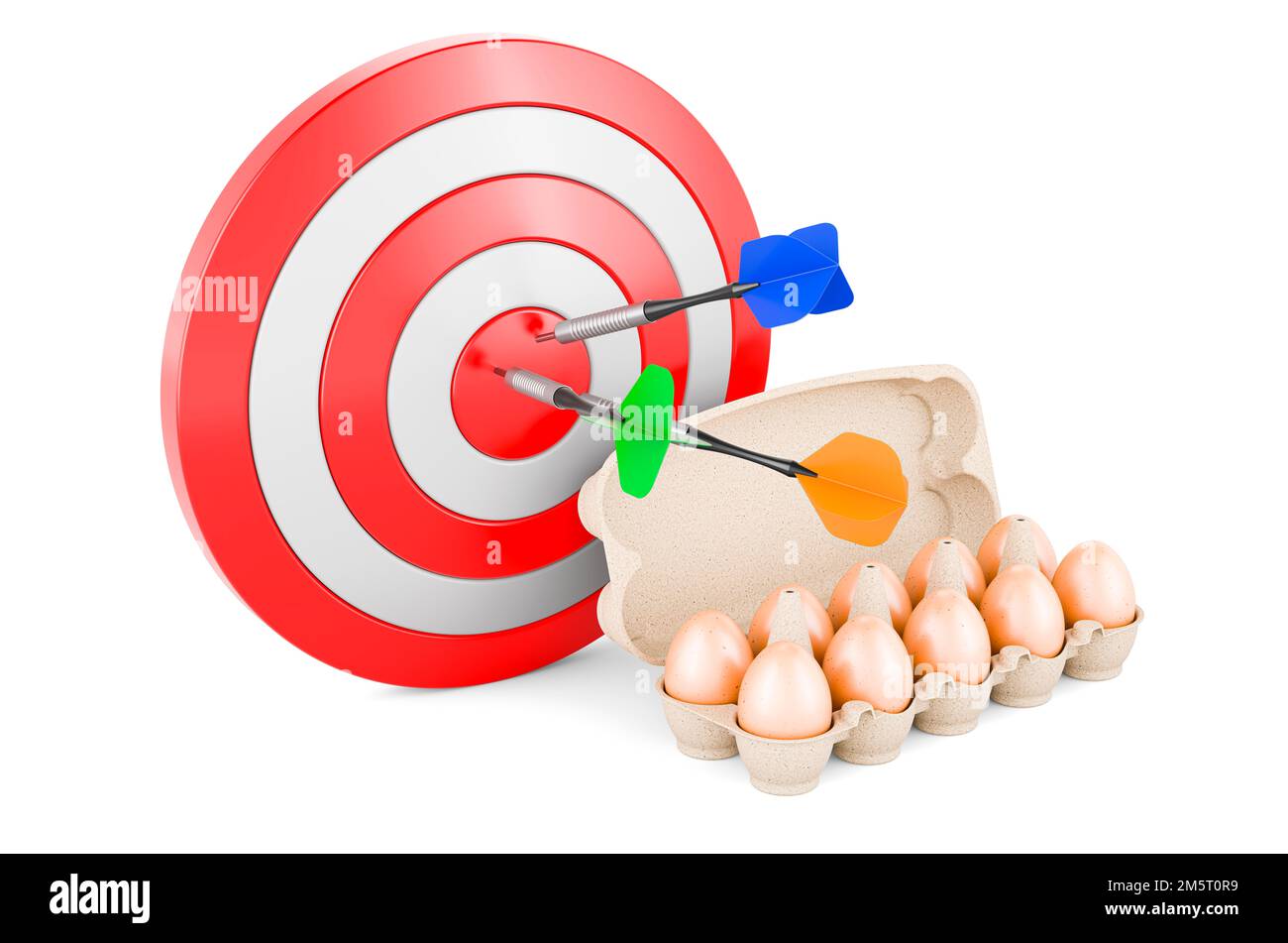 Eggs in an egg carton and target with arrows. 3D rendering isolated on