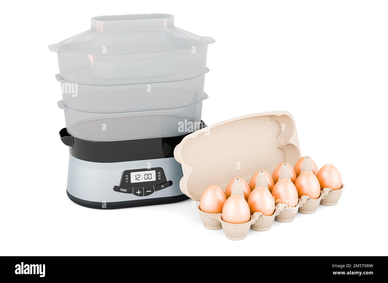 Food steamer with eggs in an egg carton. 3D rendering isolated on white