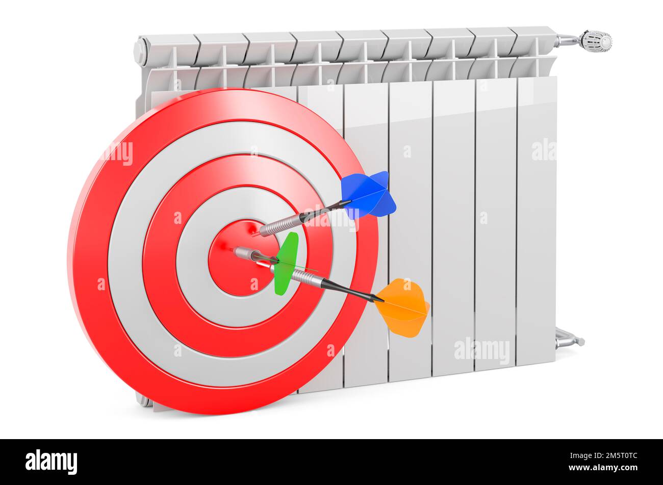 Heating radiator and target with arrows. 3D rendering isolated on white